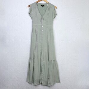 Lulus Sage Green Swiss Dot Maxi Dress XS Short Sleeve Lace Trim Boho Cottagecore